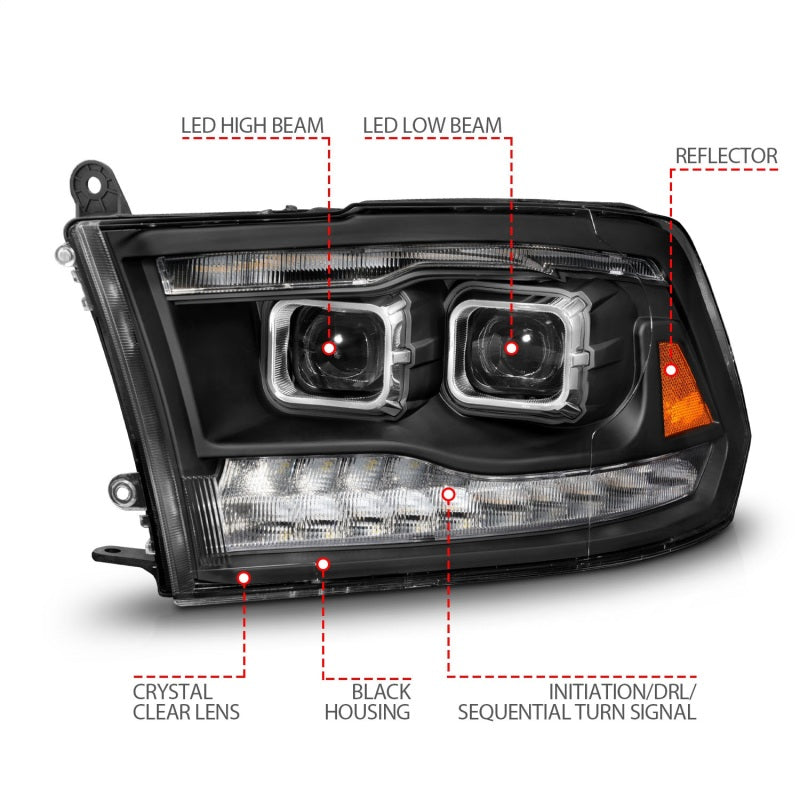 ANZO 09-18 Dodge Ram 1500/2500/3500 Full LED Proj Headlights w/Switchback Light Bar - Black 111595 111595 Photo - Unmounted