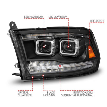 ANZO 09-18 Dodge Ram 1500/2500/3500 Full LED Proj Headlights w/Switchback Light Bar - Black 111595 111595 Photo - Unmounted