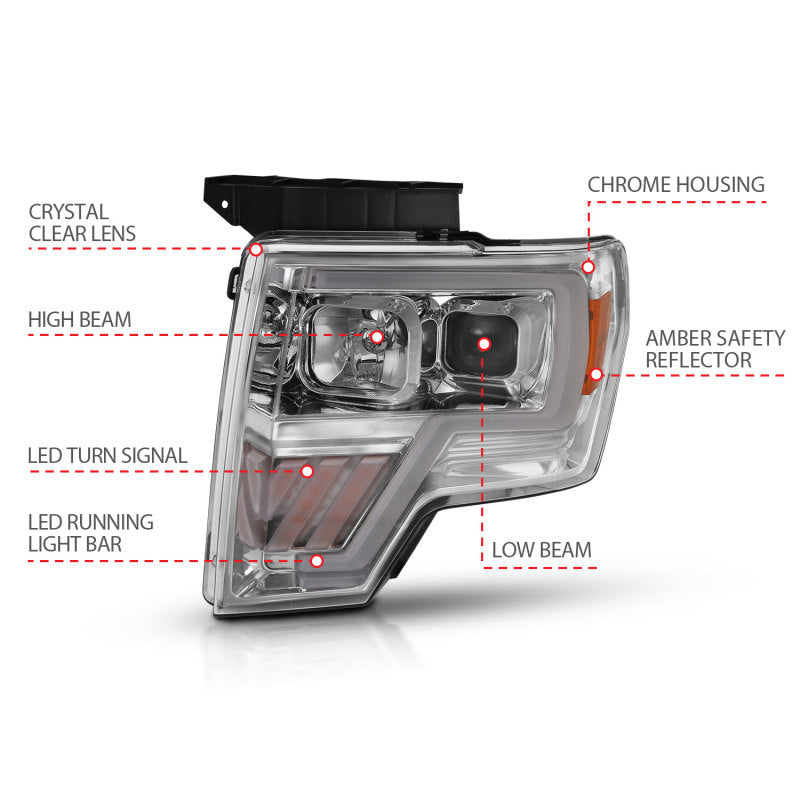 ANZO 2009-2014 Ford F-150 Projector Headlight Chrome Amber 111446 111446 Photo - Unmounted