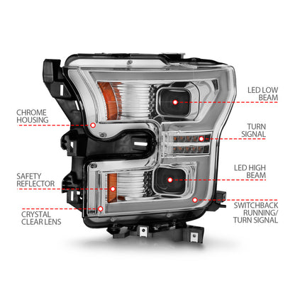 ANZO 15-17 Ford F-150 LED Projector Headlights - w/ Light Bar Switchback Chrome Housing 111548 111548 Photo - Unmounted