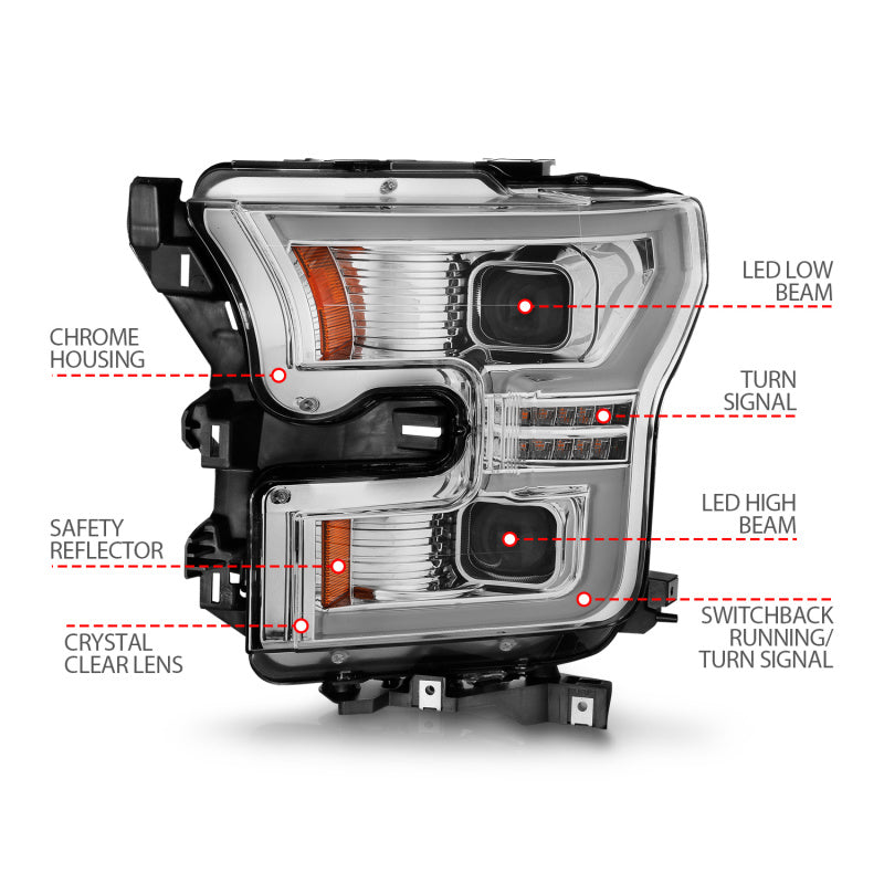 ANZO 15-17 Ford F-150 LED Projector Headlights - w/ Light Bar Switchback Chrome Housing 111548 111548 Photo - Unmounted