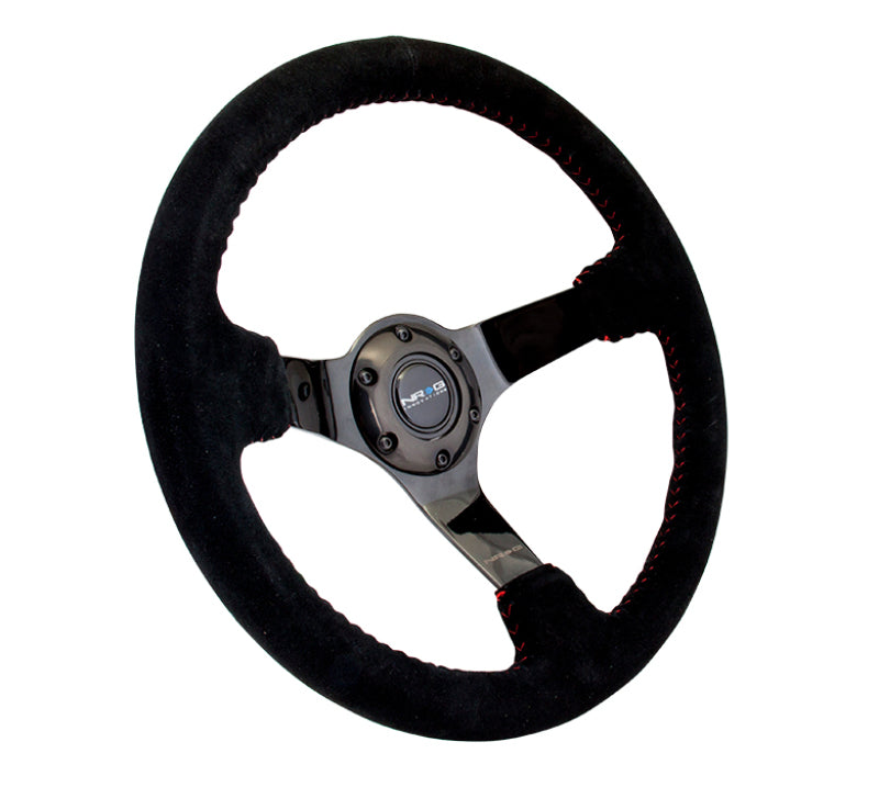 NRG Reinforced Steering Wheel (350mm / 3in. Deep) Blk Suede w/Red BBall Stitch & Black 3-Spoke RST-036BK-S RST-036BK-S Photo - Primary