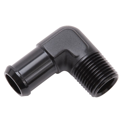 Edelbrock Hose End, 90-deg., 1/2" NPT to 1/2" Barb, Black Anodize 8180 Photo - out of package