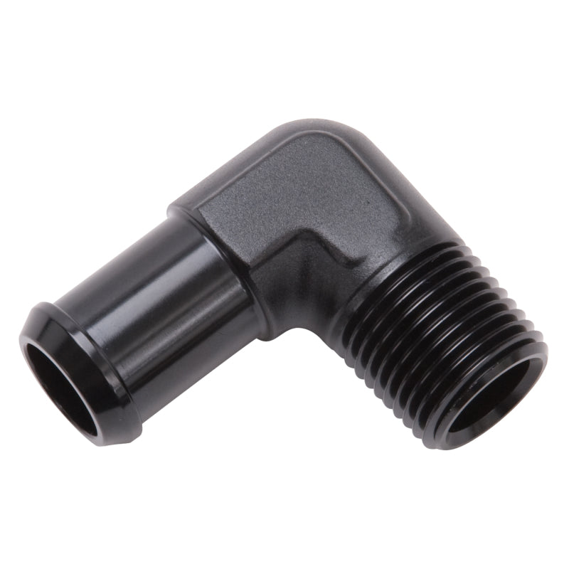 Edelbrock Hose End, 90-deg., 1/2" NPT to 1/2" Barb, Black Anodize 8180 Photo - out of package