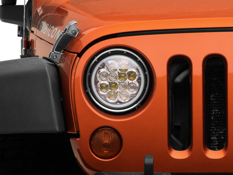 Raxiom 97-18 Jeep Wrangler TJ/JK Axial Spider LED Headlight w/ Amber DRL- Chrome Hsng (Clear Lens) J108047 J108047 Photo - Close Up