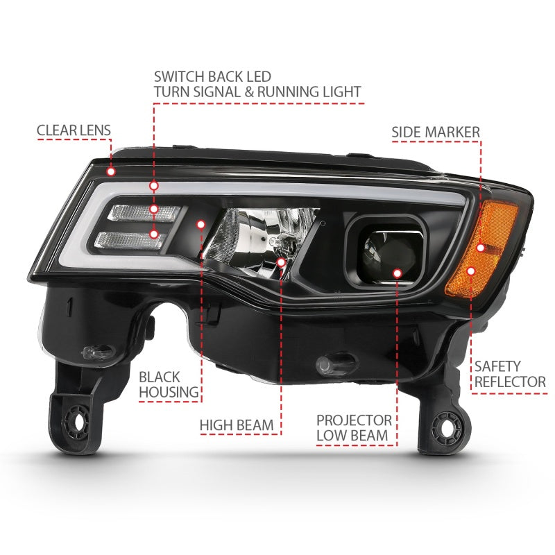 ANZO 2017-2018 Jeep Grand Cherokee Projector Headlights w/ Plank Style Switchback - Black w/ Amber 111418 111418 Photo - Unmounted
