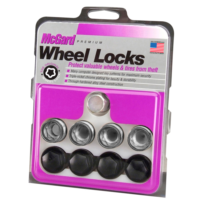 McGard Wheel Lock Nut Set - 4pk. (Under Hub Cap / Radius Seat) M14X1.5 / 19mm Hex / .890in. L w/Caps 25167 25167 Photo - in package
