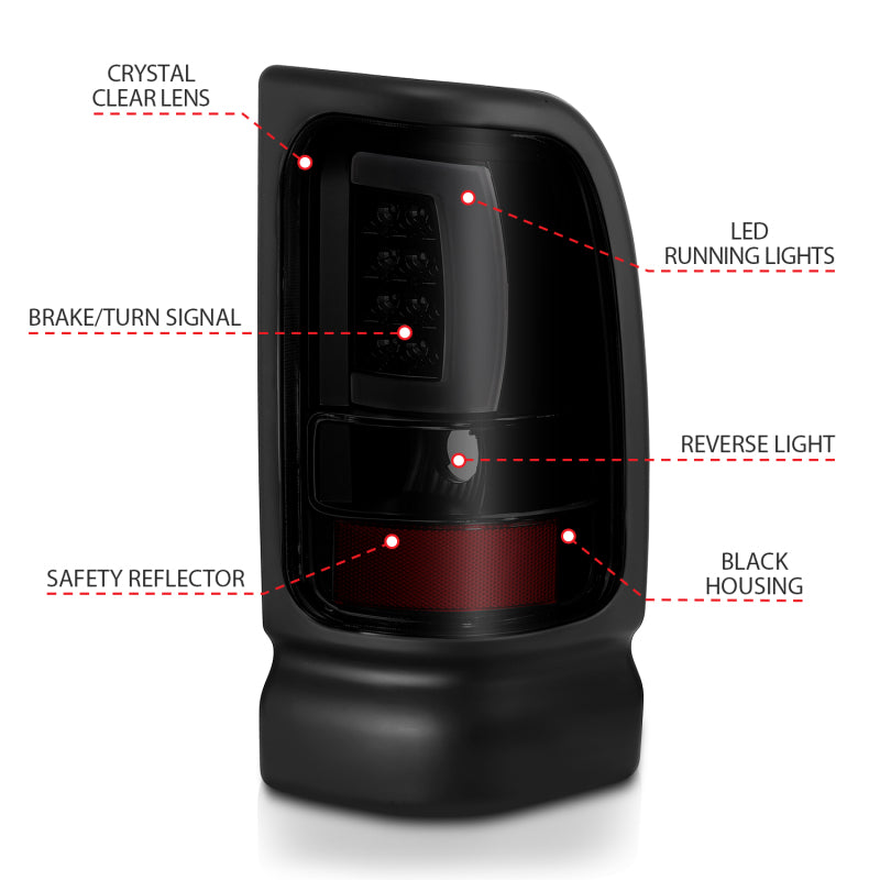 ANZO 1994-2001 Dodge Ram 1500 LED Taillights Plank Style Black w/Smoke Lens 311340 311340 Photo - Unmounted