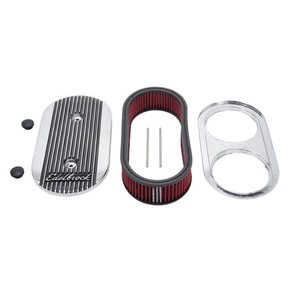 Edelbrock Air Cleaner, Elite II, Oval, Dual-Quad Carbs, 2.5" Red Element, Polish 4272 Photo - out of package
