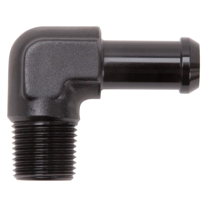 Edelbrock Hose End, 90-Degree, 3/8" NPT TO 1/2" Barb, Black Anodize 8163 Photo - Primary