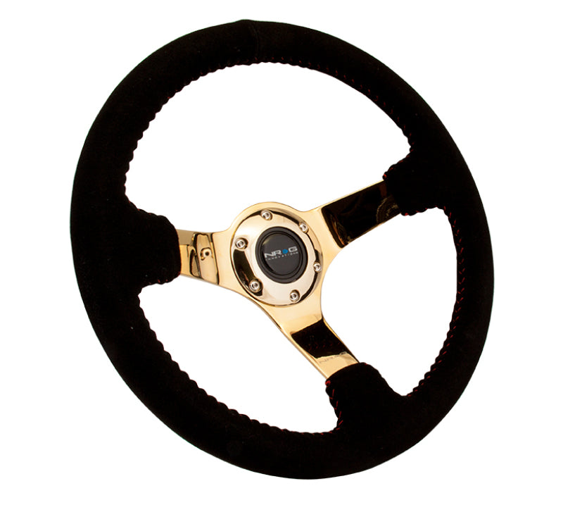 NRG Reinforced Steering Wheel (350mm / 3in. Deep) Blk Suede w/Red BBall Stitch & Chrome Gold 3-Spoke RST-036GD-S RST-036GD-S Photo - Primary