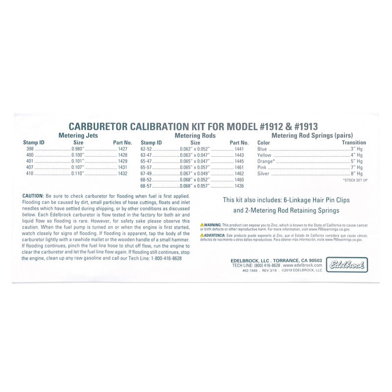 Edelbrock AVS2 Series Carburetor Calibration Kit 1949 Photo - Unmounted