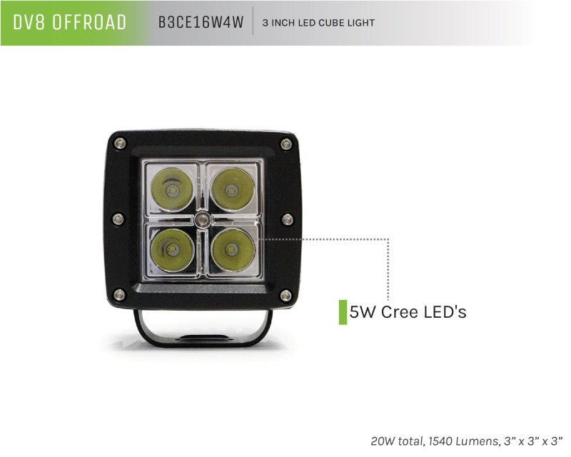 DV8 Offroad 3in Cube LED Light 20W Spot 5W LED - Chrome B3CE16W4W B3CE16W4W Product Brochure - a specific brochure describing a Product