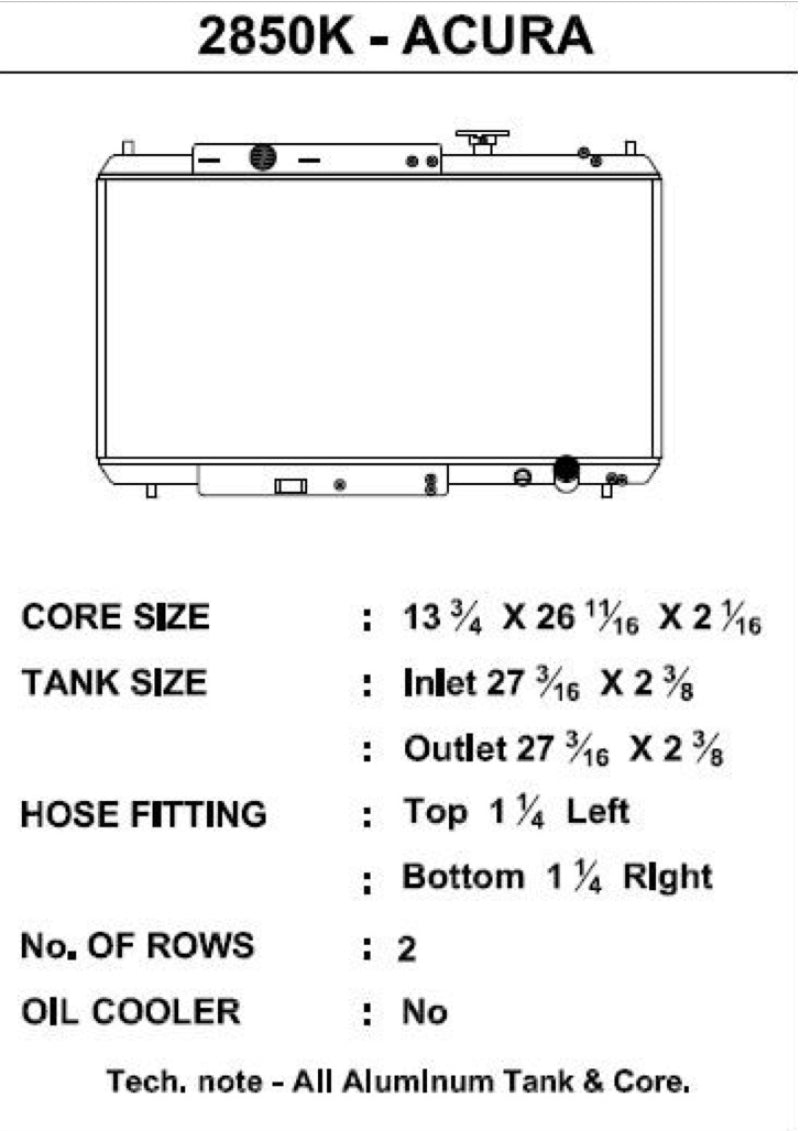 CSF Race Radiator 92-00 Honda Civic w/ K-Swap 94-01 Acura Integra 2850K Technical Drawing