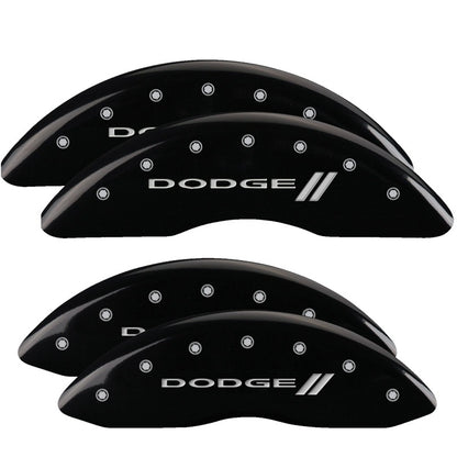 MGP 4 Caliper Covers Engraved Front & Rear With stripes/Dodge Black finish silver ch 12124SDD3BK 12124SDD3BK Photo - Primary