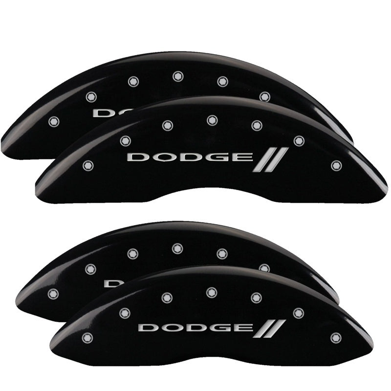 MGP 4 Caliper Covers Engraved Front & Rear With stripes/Dodge Black finish silver ch 12124SDD3BK 12124SDD3BK Photo - Primary