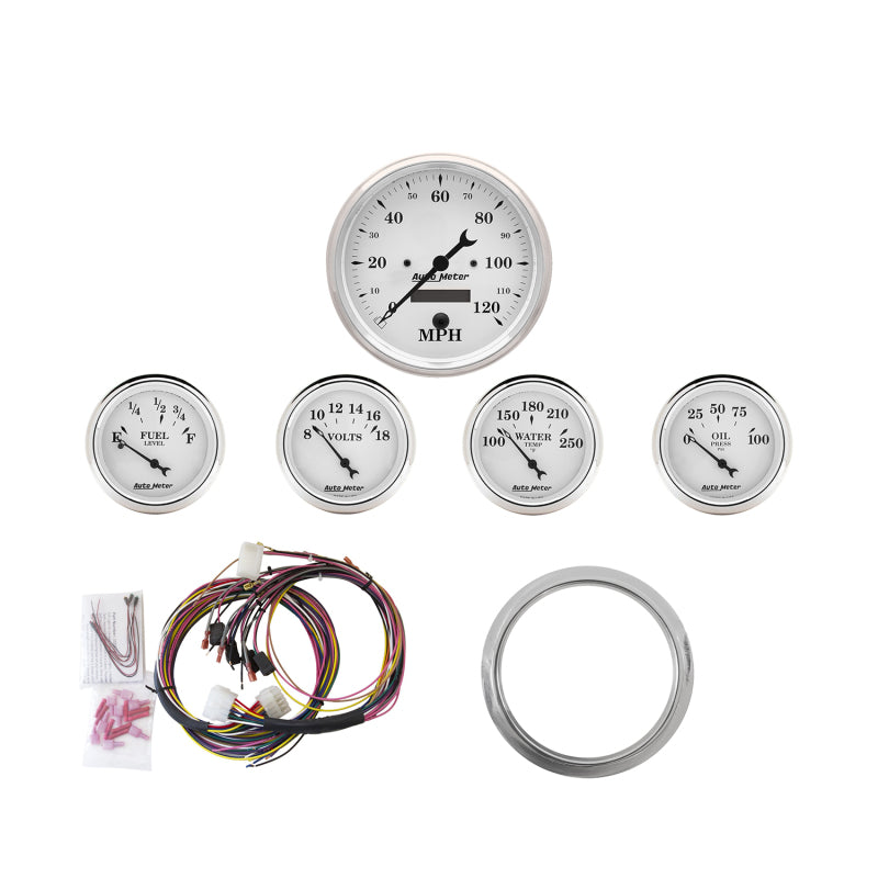 Autometer Old Tyme White 5 Piece Kit (MPH/FUEL/OILP/WTMP/BAT) 59-60 Chevy Car Direct-Fit Dash Kit 7034-OTW 7034-OTW Photo - Primary
