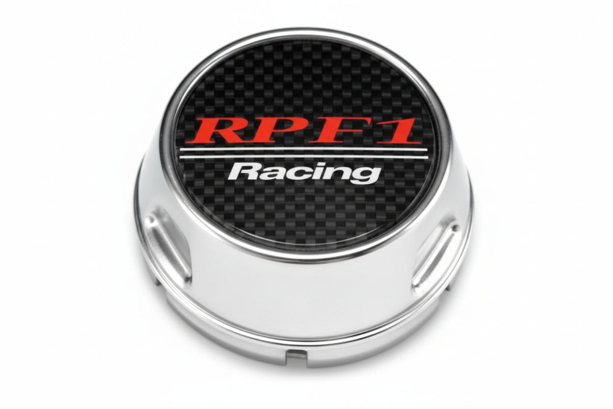 Car wheel hub cap with 'RPF1 Racing' branding on a white background