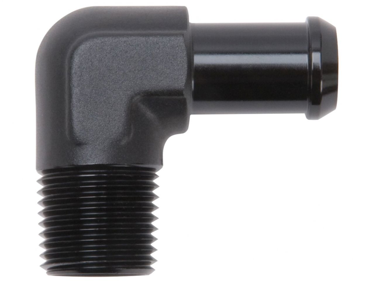 Edelbrock Hose End, 90-Degrees, 1/2" NPT to 5/8" Barb, Black Anodize