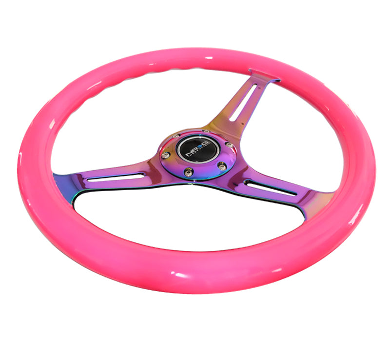 NRG Classic Wood Grain Steering Wheel (350mm) Neon Pink Painted Grip w/Neochrome 3-Spoke Center ST-015MC-NPK