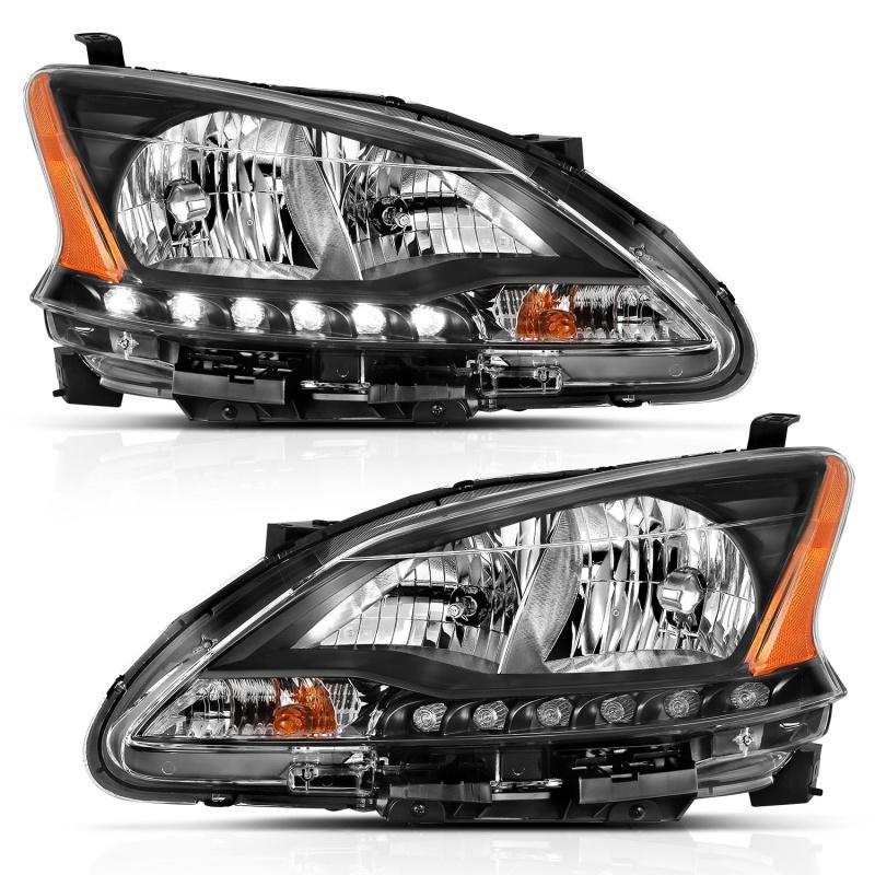 ANZO 2013-2015 Nissan Sentra Crystal Headlights Black Housing Amber With Led Parking Light 121537 Main Image