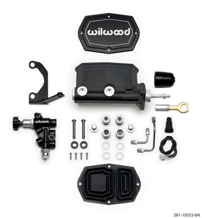 Wilwood Compact Tandem M/C - 15/16in Bore w/Bracket and Valve fits Mustang (Pushrod) - Black 261-15523-BK