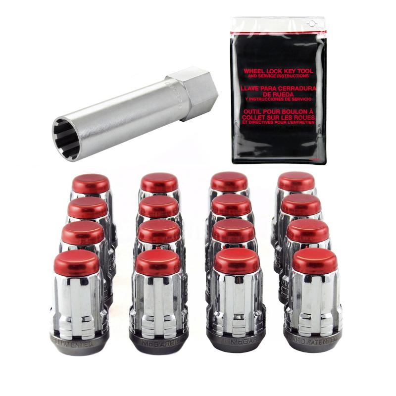 McGard SplineDrive Tuner 4 Lug Install Kit w/Tool (Cone) M12X1.25 / 13/16 Hex / 1.24in. L - Red Cap 65454RC Main Image