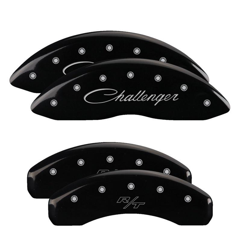 MGP 4 Caliper Covers Engraved Front Cursive/Challenger Engraved Rear RT Black finish silver ch 12088SCLRBK Main Image