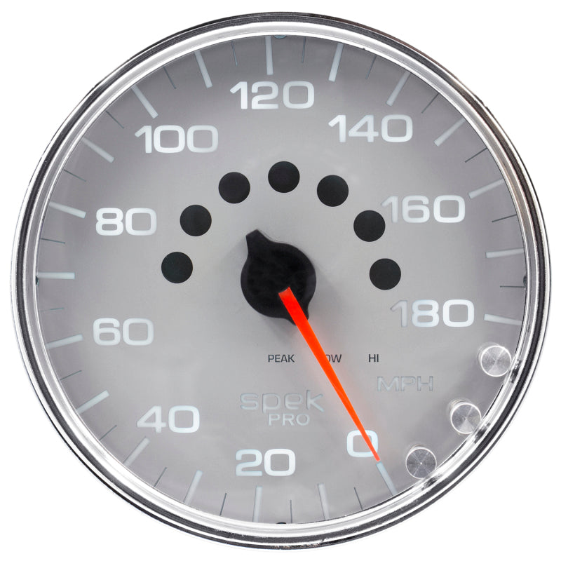 Autometer Spek-Pro Gauge Speedometer 5in 180 Mph Elec. Programmable Silver/Chrome P23021