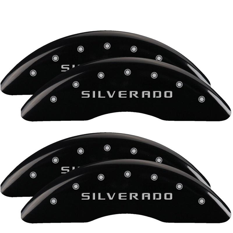 MGP 4 Caliper Covers Engraved Front & Rear Silverado Black finish silver ch 14173SSILBK Main Image