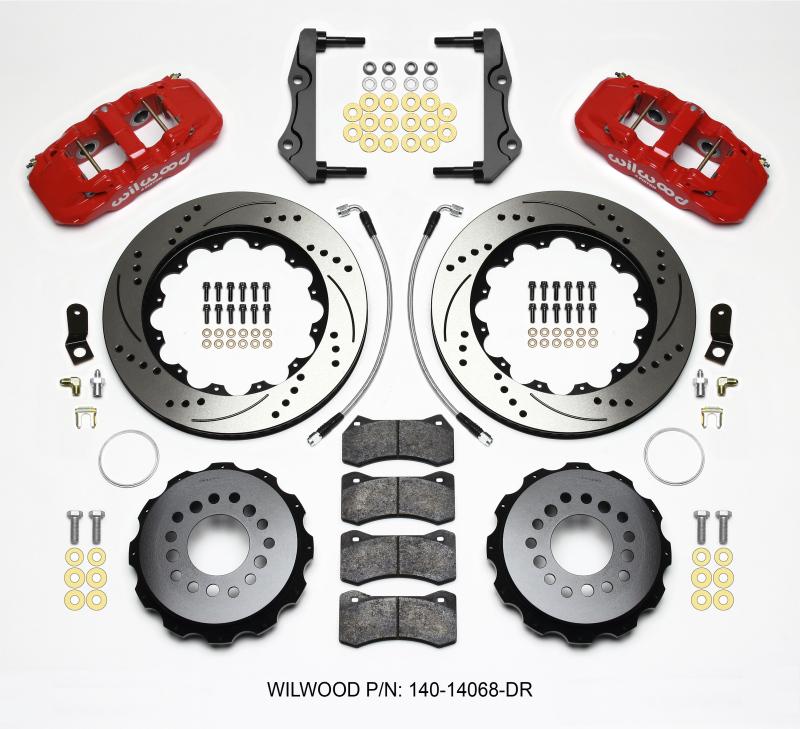 Wilwood AERO4 Rear Kit 14.25in Drilled Red 2014-Up Challenger w/Lines 140-14068-DR Main Image