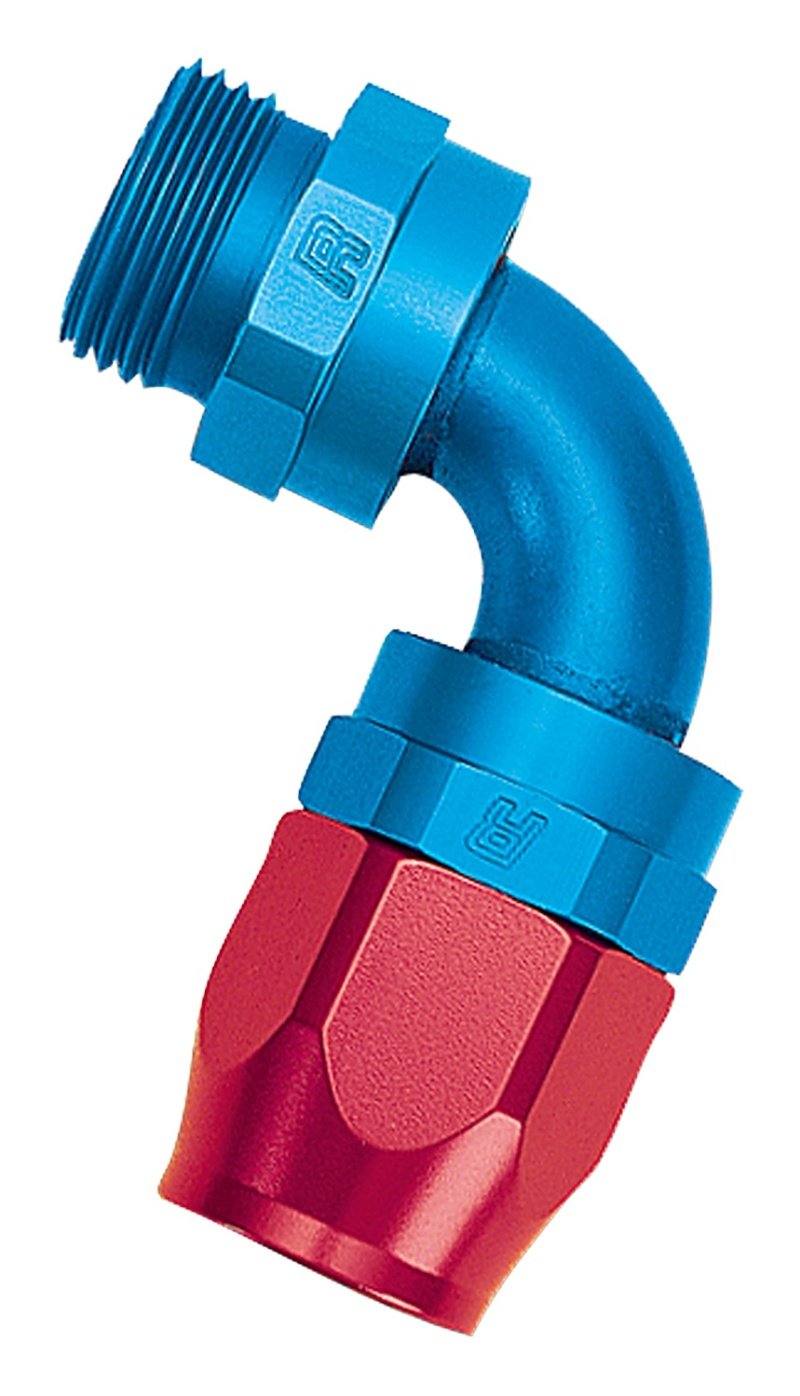 Russell Performance -10 AN Red/Blue 90 Degree Swivel Dry Sump Hose End (-8 Port 3/4in-16 Thread) 612290 Main Image