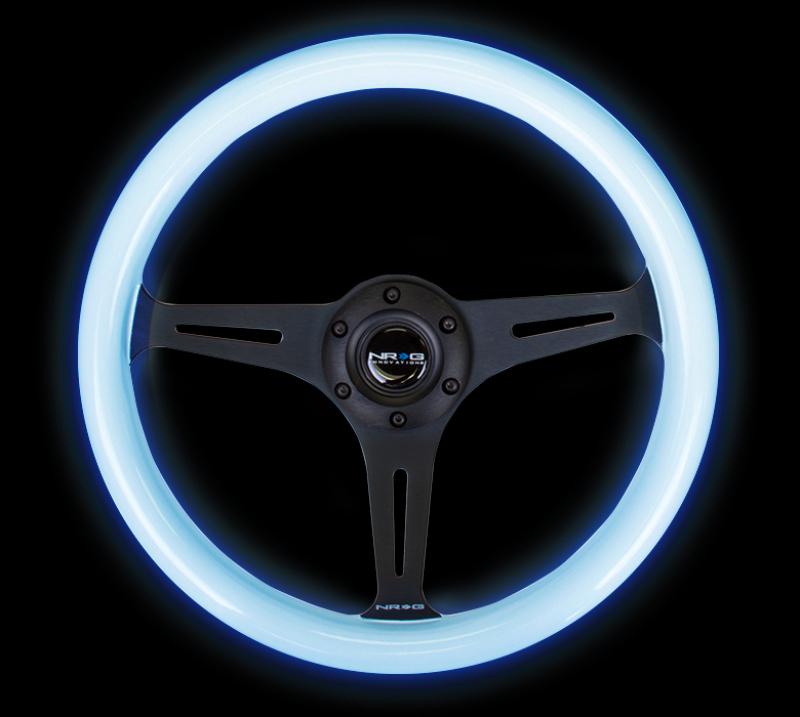 NRG Classic Wood Grain Steering Wheel (350mm) Glow-In-The-Dark Blue Grip w/Black 3-Spoke Center ST-015BK-GL/BL Main Image