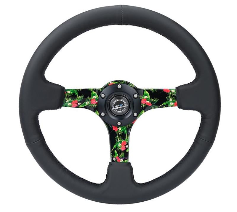 NRG Reinforced Steering Wheel (350mm/ 3in. Deep) Matte Black Spoke/Black Leather/ Yellow Center RST-036TROP-R