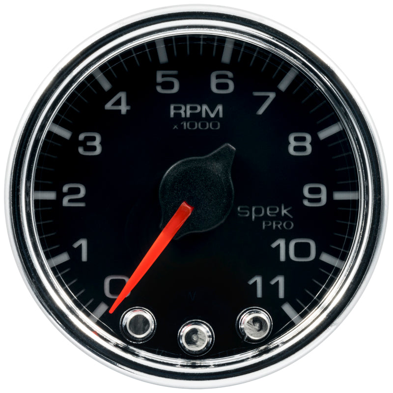 Autometer Spek-Pro Gauge Tach 2 1/16in 11K Rpm W/ Shift Light & Peak Mem Blk/Chrm P33631