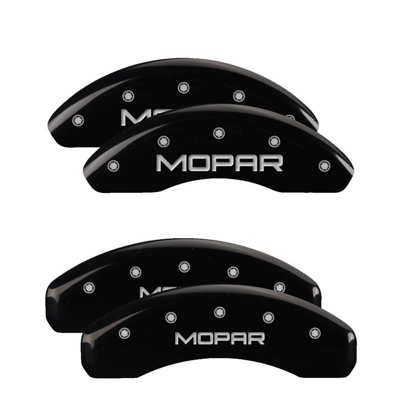 MGP 4 Caliper Covers Engraved Front & Rear MOPAR Black finish silver ch 32014SMOPBK Main Image