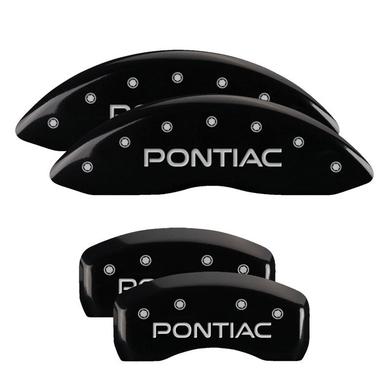 MGP 4 Caliper Covers Engraved Front Pontiac Engraved Rear Arrow Black finish silver ch 18025SPONBK Main Image