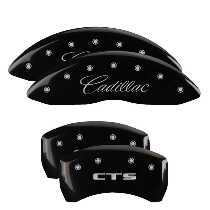 MGP 4 Caliper Covers Engraved Front Cursive/Cadillac Engraved Rear CTS Black finish silver ch 35020SCTSBK Main Image