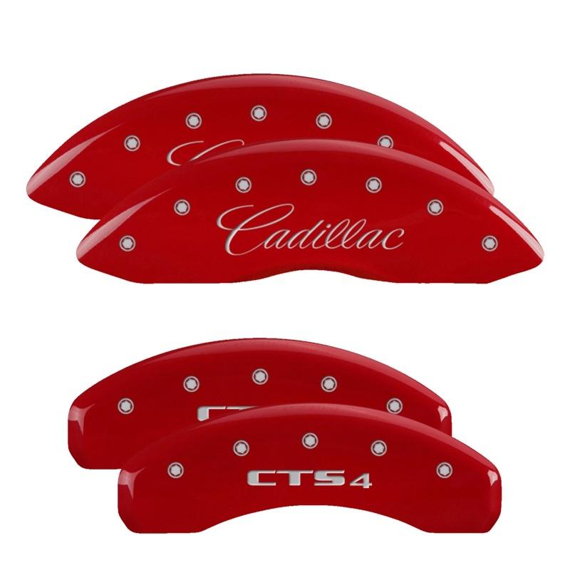 MGP 4 Caliper Covers Engraved Front Cursive/Cadillac Engraved Rear STS Red finish silver ch 35002SSTSRD Main Image