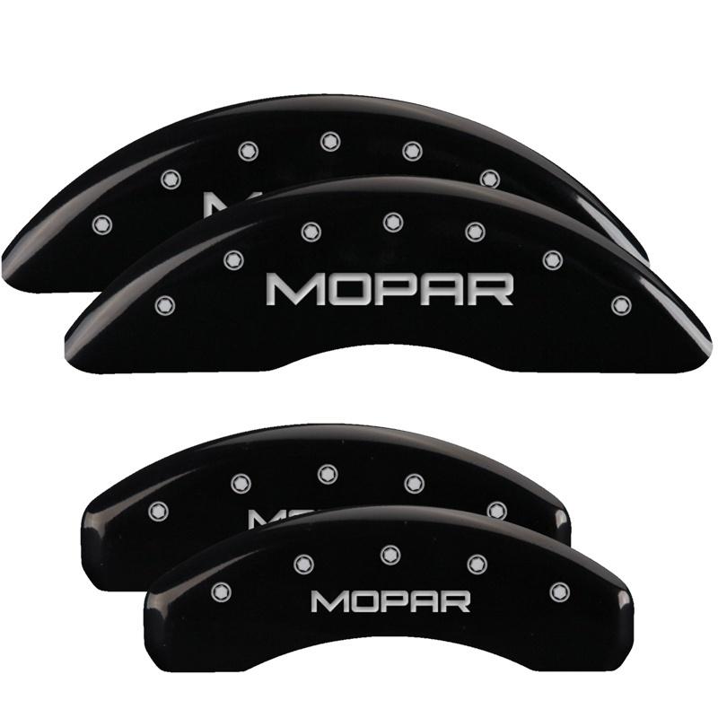 MGP 4 Caliper Covers Engraved Front & Rear MOPAR Black finish silver ch 32002SMOPBK Main Image