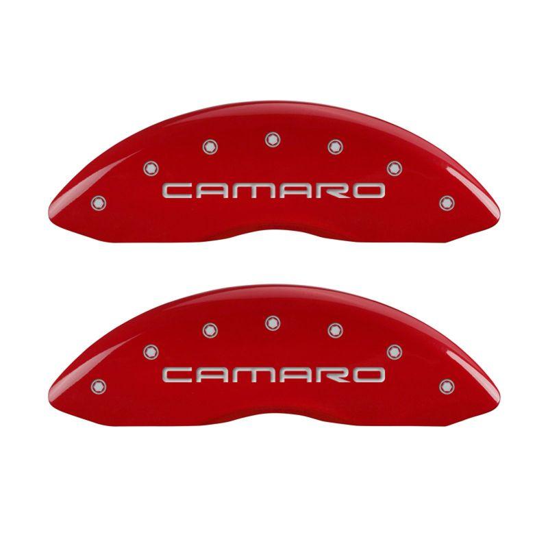 MGP 4 Caliper Covers Engraved Front Gen 4/Camaro Engraved Rear Gen 4/SS Red finish silver ch 14027SCS4RD Main Image