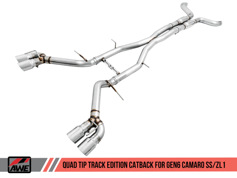 AWE Tuning 16-19 Chevy Camaro SS Resonated Cat-Back Exhaust -Track Edition (Quad Chrome Silver Tips) 3015-42090 Main Image