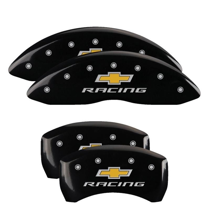 MGP 4 Caliper Covers Engraved Front & Rear Chevy racing Black finish silver ch 14231SBRCBK Main Image