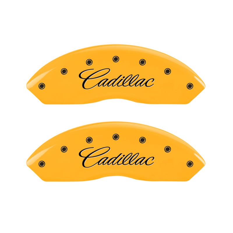 MGP 4 Caliper Covers Engraved F & R Cursive/Cadillac Yellow Finish Black Char 2006 Cadillac SRX 35002SCADYL Main Image