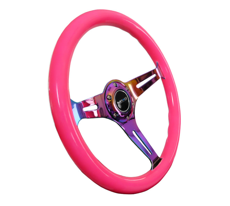 NRG Classic Wood Grain Steering Wheel (350mm) Neon Pink Painted Grip w/Neochrome 3-Spoke Center ST-015MC-NPK