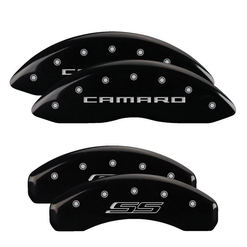 MGP 4 Caliper Covers Engraved Front Gen 5/Camaro Engraved Rear Gen 5/SS Black finish silver ch 14036SCS5BK Main Image