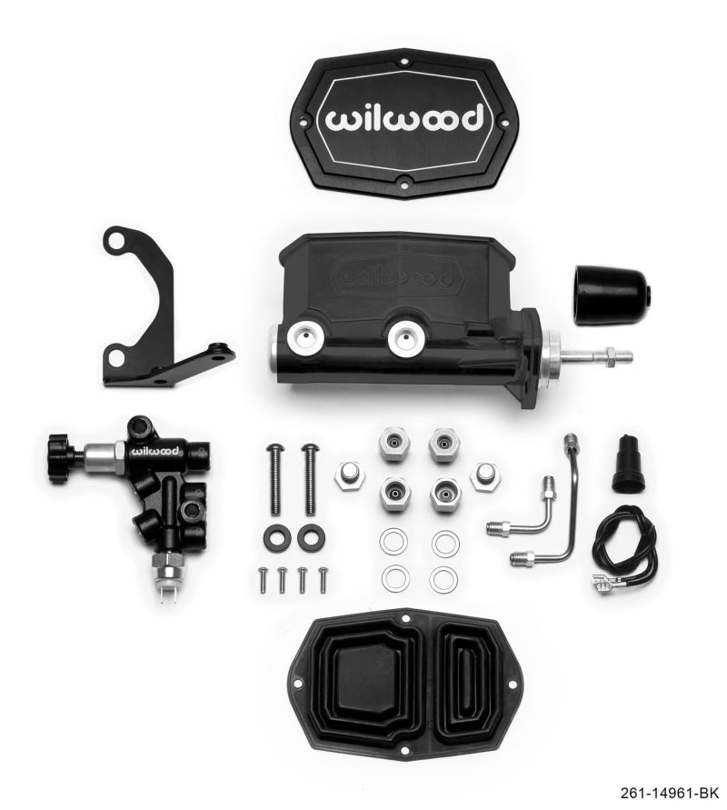 Wilwood Compact Tandem M/C - 7/8in Bore - w/Bracket and Valve (Pushrod) - Black 261-14961-BK