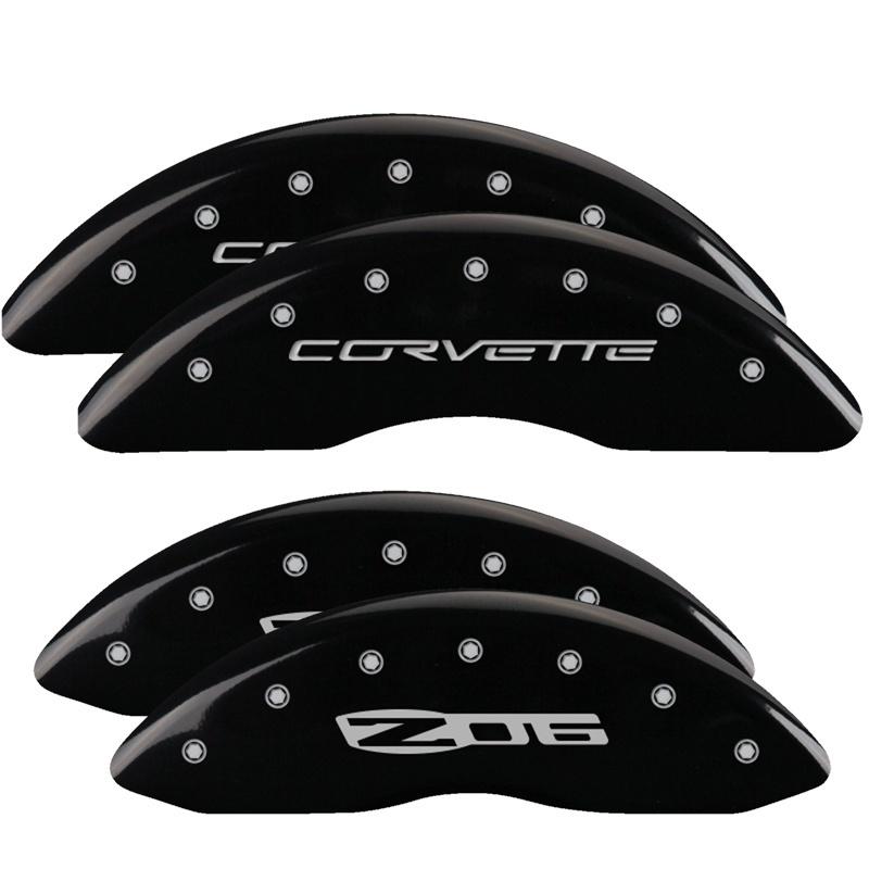 MGP 4 Caliper Covers Engraved Front C6/Corvette Engraved Rear C6/Z06 Black finish silver ch 13083SCZ6BK Main Image