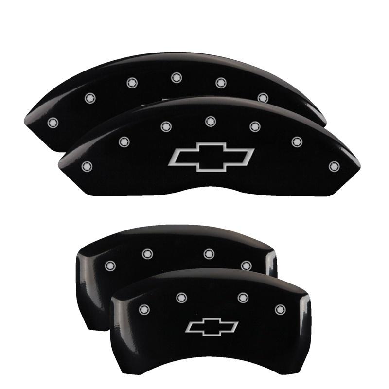 MGP 4 Caliper Covers Engraved Front & Rear Bowtie Black Finish Silver Char 2019 Chevrolet Equinox 14247SBOWBK Main Image