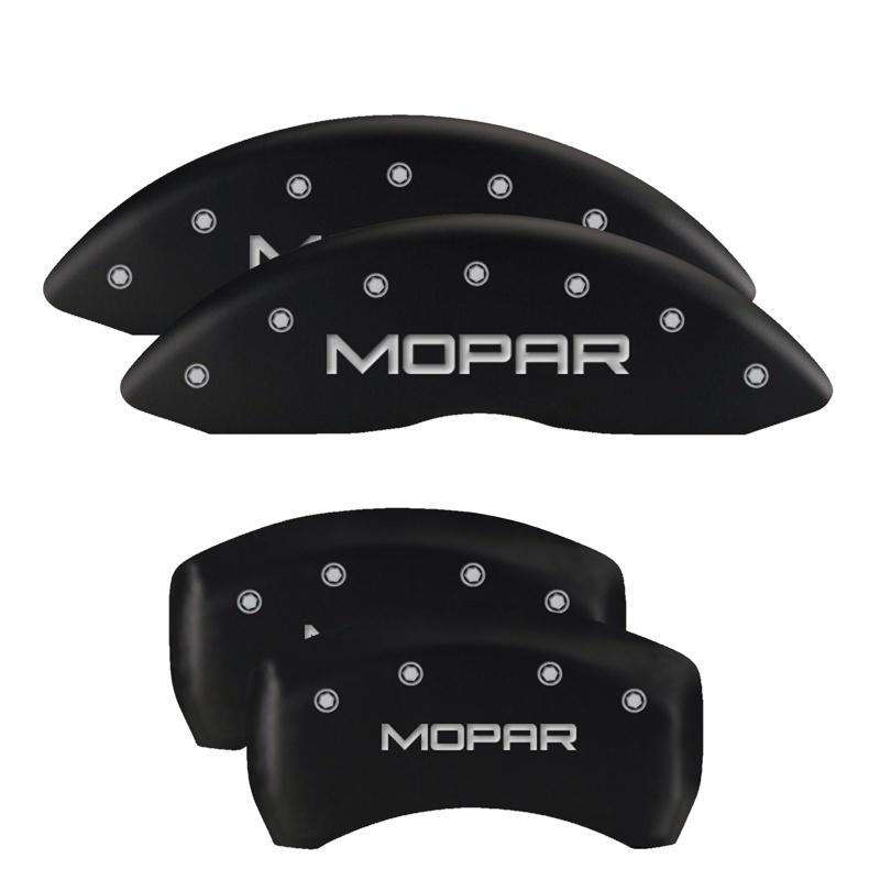 MGP 4 Caliper Covers Engraved Front & Rear Mopar Matte Blk Finish Silver Char 2017 Chrysler Pacifica 32025SMOPMB Main Image